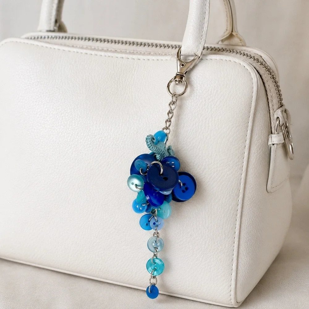 Handmade Blue Button Cluster Bag Charm Seahorse Nautical Keychain Silver Tone